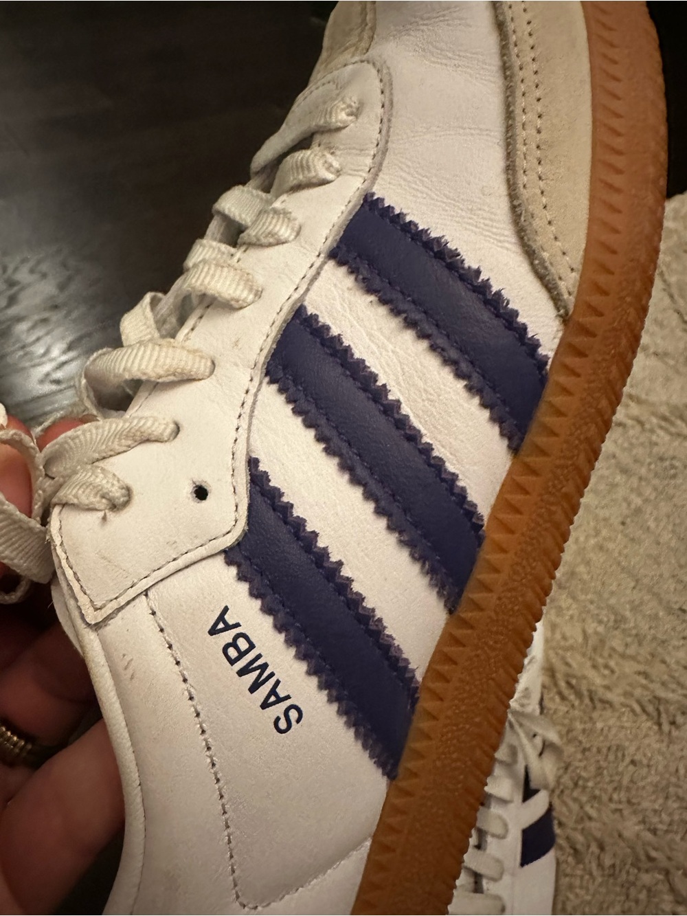 adidas Samba White and Navy Leather Sneaker - Picture 2 of 4